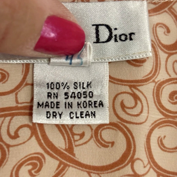 CHRISTIAN DIOR Excellent Vintage 90s Peach & Coral Swirl Print Silk Blouse 8 - Picture 7 of 8